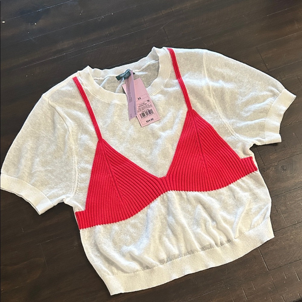 Red and off White Women's Top